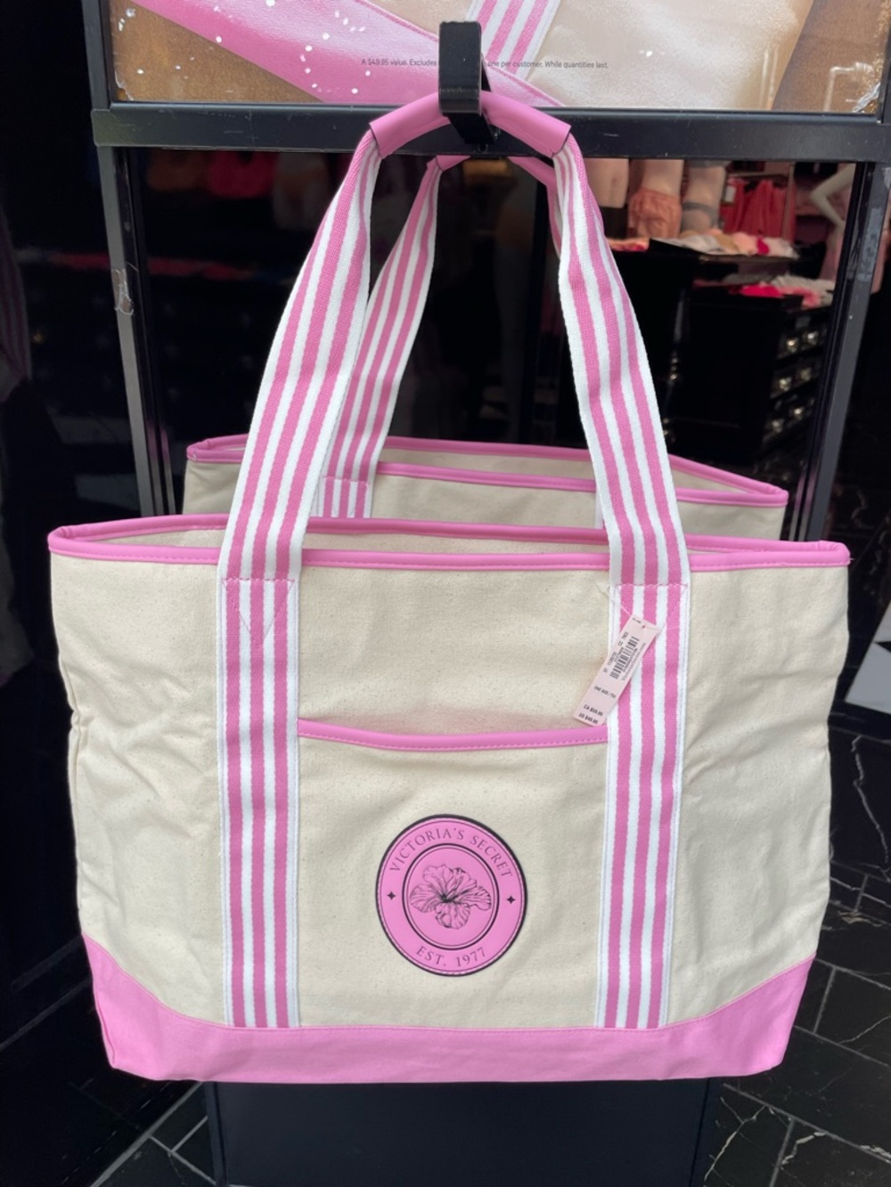 Victoria's Secret Cream Canvas Tote with Pink Trim and Striped Handles 2026 NWT